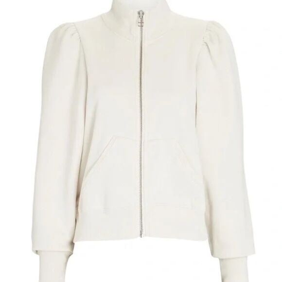 Veronica Beard Siedel Zip-Up Jacket Sweatshirt Size L Ecru Puff Sleeve - Picture 2 of 15